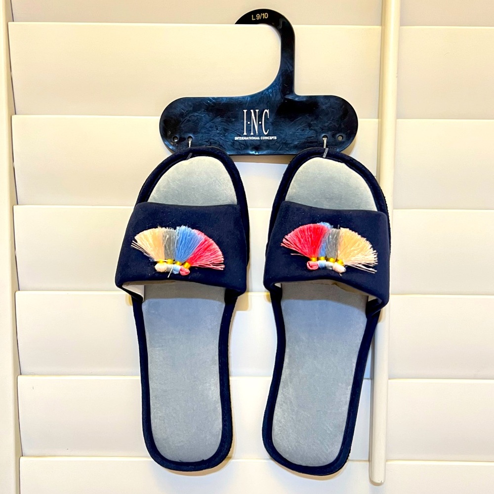 I•N•C•-Black Micro Fiber Slippers with Multi-Colored Tassels-Sz L (9/10)-NWT